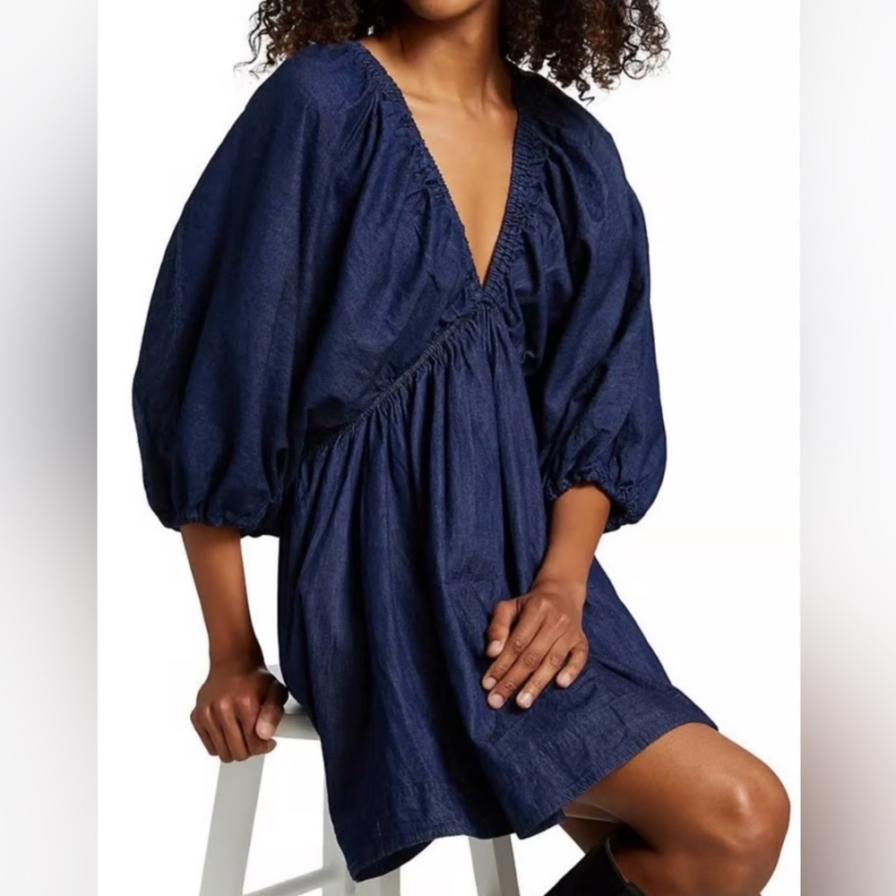 Free People Portia Denim Mini Dress In Indigo Dark Rinse size Small Petite - Picture 2 of 8